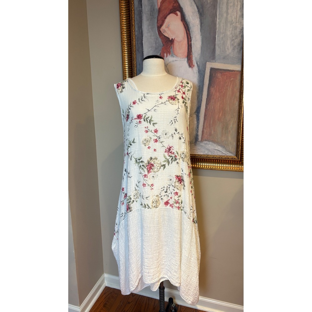 Beyond Capri Italy Floral Gauzy Cotton Handkerchief Hem Midi Dress White Sz 18